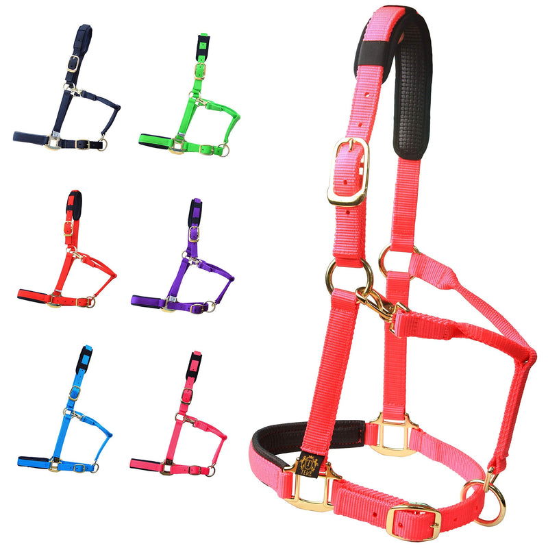 T TEKE Adjustable Horse Halters by Heavy Duty Soft Nylon, Padded with Anti-rubbing Waffle Neoprene on Both Crown & Nose Pink Cob (M) - BeesActive Australia