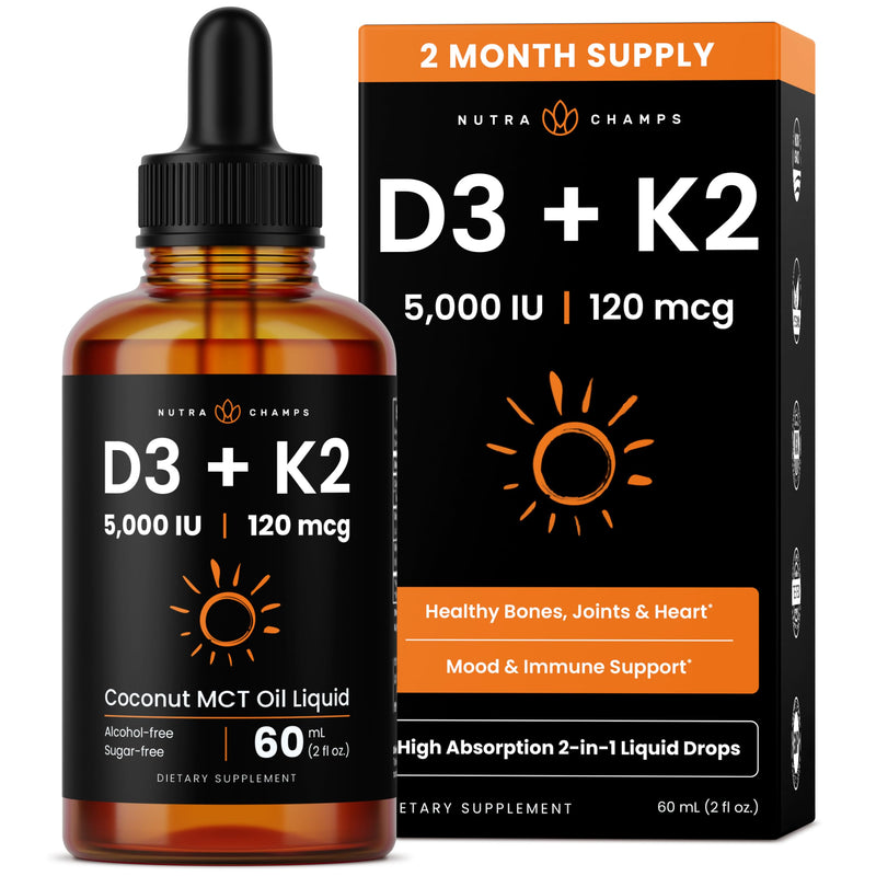 NutraChamps Vitamin D3 K2 Drops, Liquid Vitamin D3 5000 IU & K2 D3 with MK7, Vitamin D Drops for Kids, Bones, Heart & Immune Health, Liquid Vitamin D in MCT Oil for Better Absorption 2 Fl Oz (Pack of 1) Adults & Kids Drops