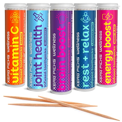 Xero Picks Wellness Flavored Toothpicks - Brain Boost, Immunity, Rest & Relax, Joint Health, and Energy Boost - 100 Picks (Variety, 5 Pack) Kosher - Sugar Free VARIETY 100 Count (Pack of 1)