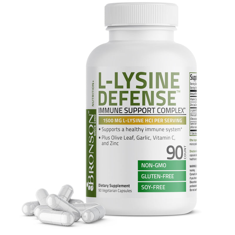 Bronson L-Lysine Defense Immune Support Complex 1500 MG L-Lysine Plus Olive Leaf, Garlic, Vitamin C and Zinc - Non-GMO, 90 Vegetarian Capsules 120 Count (Pack of 1) - BeesActive Australia