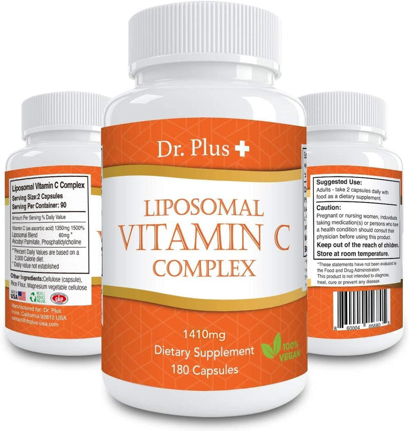 Liposomal Vitamin C Complex 1500mg(2 Capsules) - 180 Capsules - High Absorption Vitamin C- Supports Immune System and Collagen Booster - Powerful Antioxidant High Dose Fat Soluble Supplement Dr.Plus