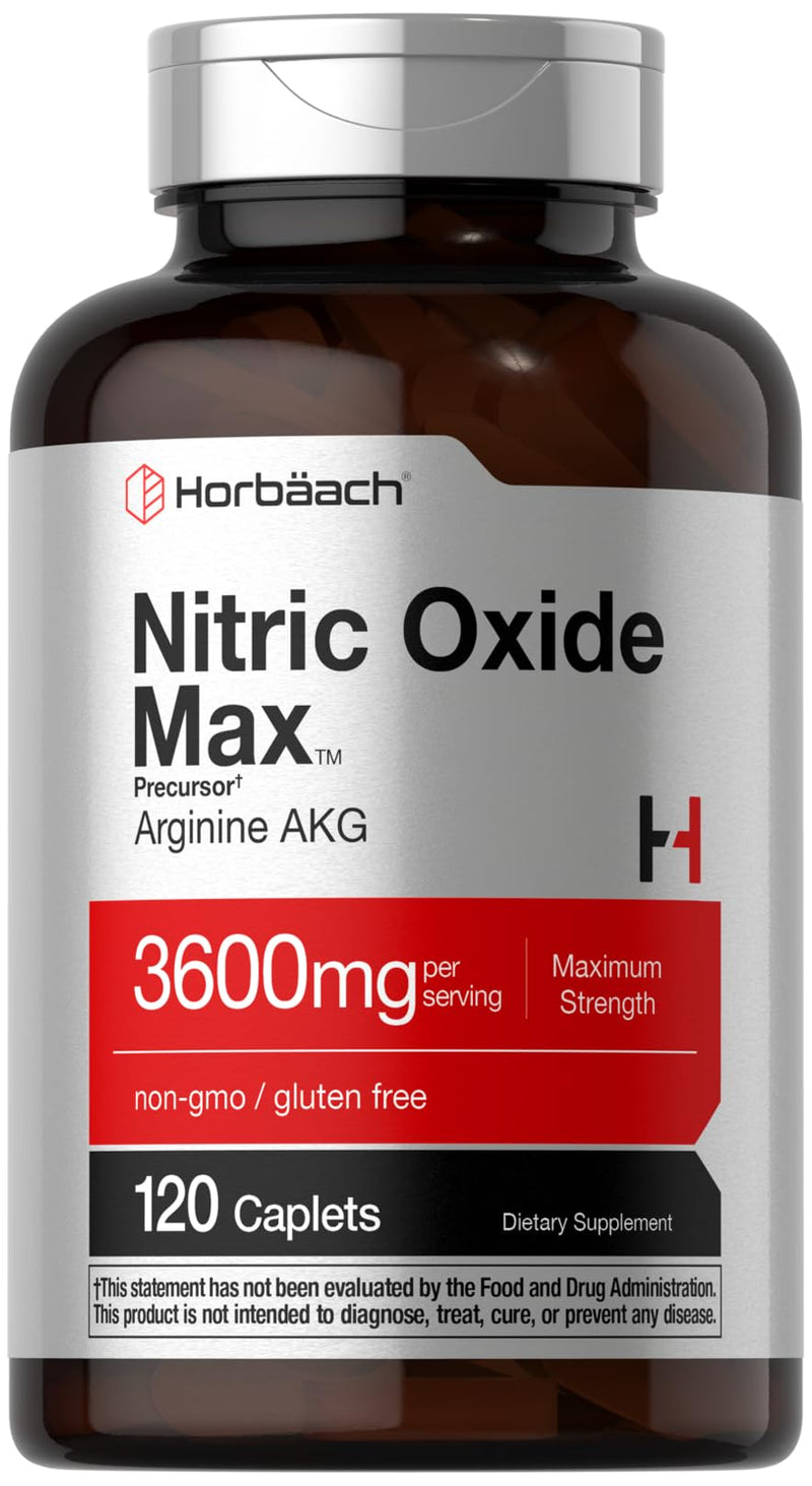 Horb√§ach Nitric Oxide Max 3600mg | 120 Caplets | with Arginine AAKG for Men and Women | Vegetarian, Non-GMO, & Gluten Free Pre Workout Supplement