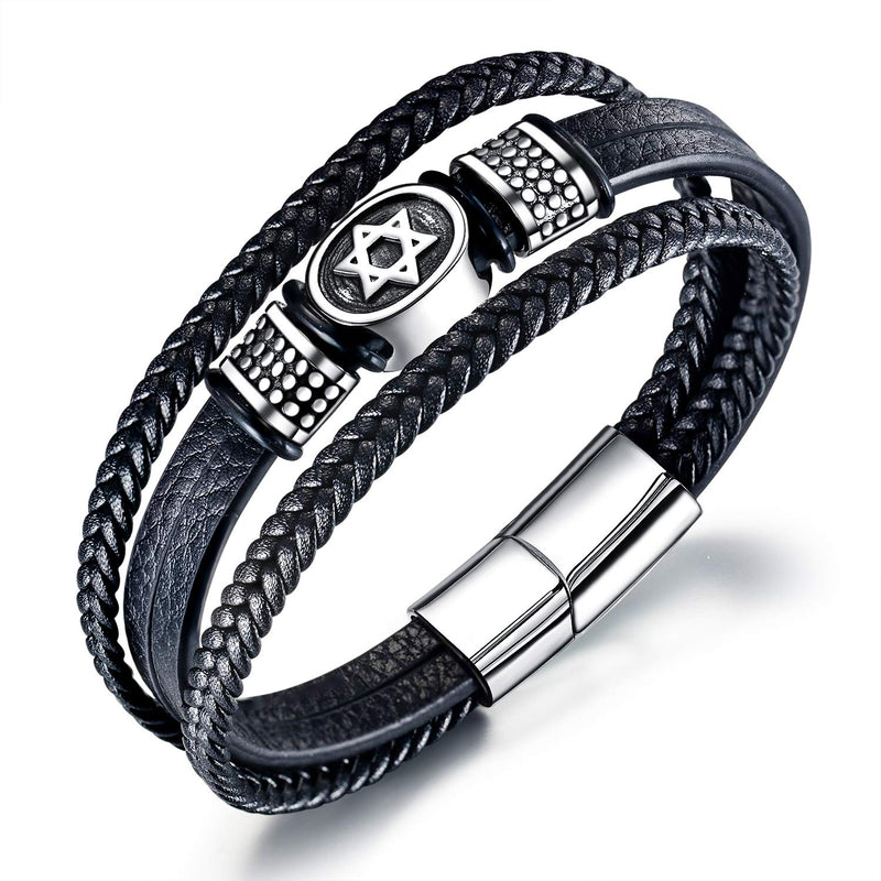 TEMICO Mens Black Leather Cuff Bracelet Multi-Layer Braided Leather Magen Star of David Bracelet Jewish Jewelry - BeesActive Australia