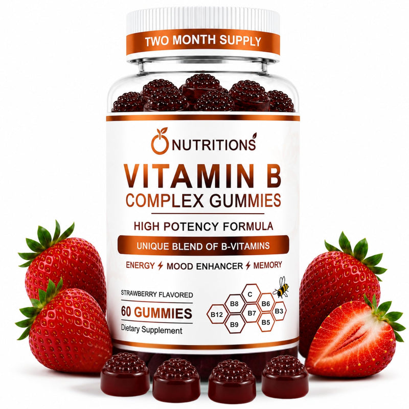 O NUTRITIONS Vitamin B Complex Gummies for Women & Men - Vitamin B12, Biotin, Folate, Vitamin C - Energy, Mood, Memory & Focus Support - Hair, Skin & Nails - Vegan Strawberry Gummies, 60 Count 1 PACK