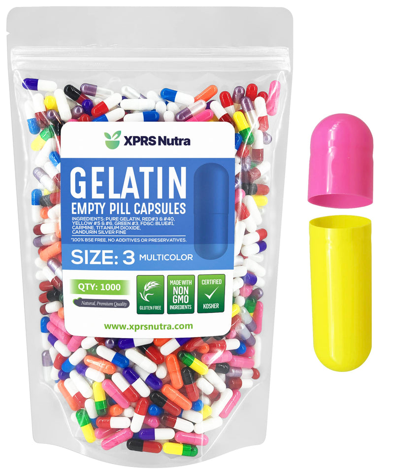 XPRS Nutra Size 3 Empty Capsules - 1000 Count Empty Gelatin Capsules - Pills DIY Capsule Filling - Pure Bovine Pill Gel Caps Fillable Do-It-Yourself Vitamins and Supplements (Multi Color) 1000 Count (Pack of 1) Multi Color
