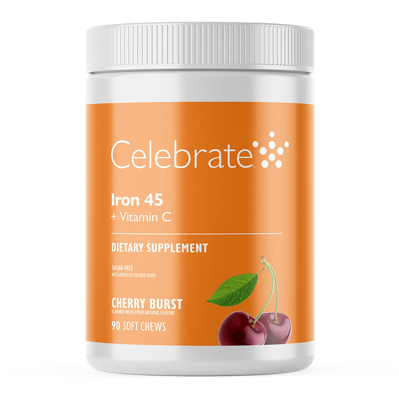 Celebrate Vitamins Iron Supplement with Vitamin C - 45mg Iron, 60mg Vitamin C, Bariatric Vitamins for WLS Patients, Vertical Sleeve & Gastric Bypass Surgery - Cherry, 90 Soft Chews Cherry Burst 90 Count (Pack of 1)