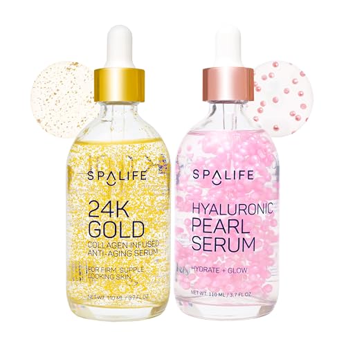 SpaLife Beauty Pearl Hyaluronic Acid Serum & 24k Gold Anti Aging Serum | AM/PM Facial Routine Duo | Deep Collagen Hydrating Treatment | Firming Wrinkle Face Skincare | 2 x 3.7 Fl. Oz. 24k Gold + Hyaluronic Pearl