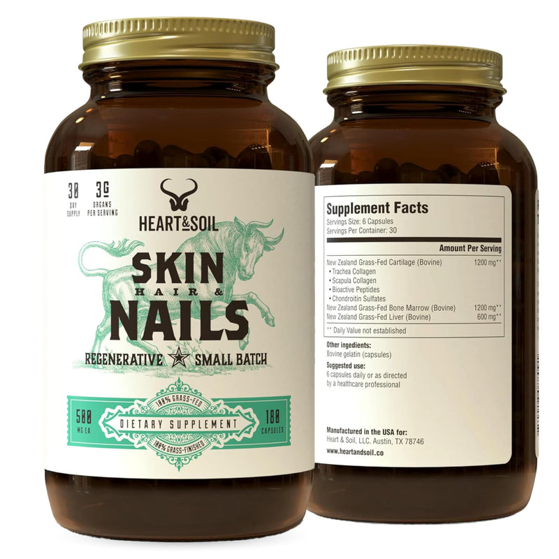 HEART & SOIL Hair Skin & Nails Supplement, 180 Capsules | 100% grass fed & finished from regenerative cattle with cartilage, liver & bone marrow. 3000mg beef organs. Skin, Hair & Nails