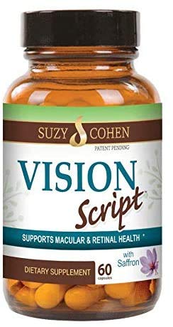 Vision Script: Saffron Lutein Zeaxanthin Macular Retinal Eye Health | Suzy Cohen saffron, black currant, lutein, zeaxanthin, vitamins C and zinc glycinate for macular and retinal eye support