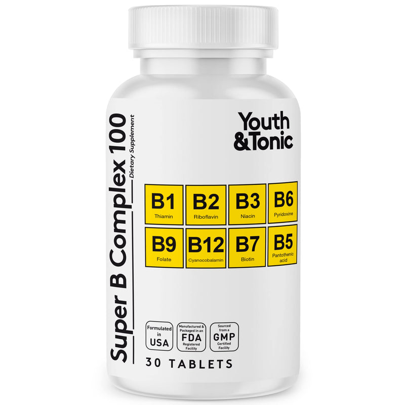 Youth & Tonic Super B Complex 100, Stress B Complex, PABA B-100 Vitamins | Calm & Steady Energy, High Potency Vitamin B Complex (Complejo B) with Choline Inositol, Men & Women, 30 Tablets 30 Count (Pack of 1)