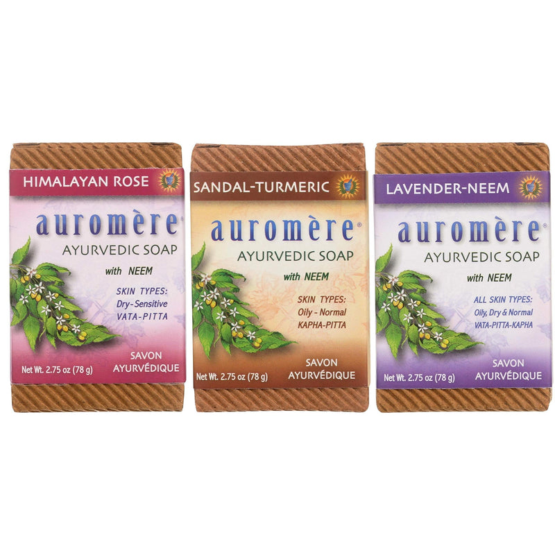 Auromere Ayurvedic Soap Variety Pack - 3 x 2.75oz Natural Soap Bars - Handmade Vegan Soap with Ayurvedic Herbs & Organic Neem - BeesActive Australia