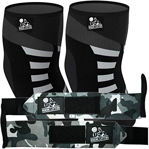 Nordic Lifting Elbow Compression Sleeves (1 Pair) Medium, Grey and Wrist Wraps (1 Pair/2 Wraps) Camo Grey