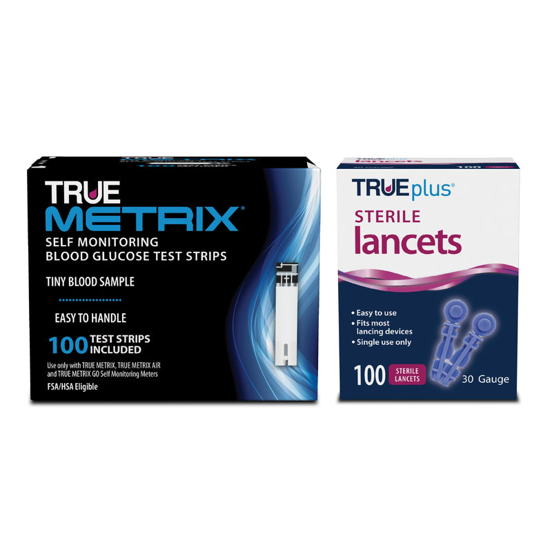 TRUE METRIX Glucose Test Strips 100 Count, TRUEplus 30G Lancets 100 Count 100 Test Strips + 100 Lancets
