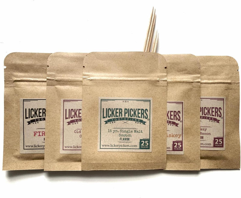 Licker Pickers Bourbon & Bacon Flavored Toothpicks - 25 All White Birchwood Aged in Premium Spirits Toothpick - BeesActive Australia