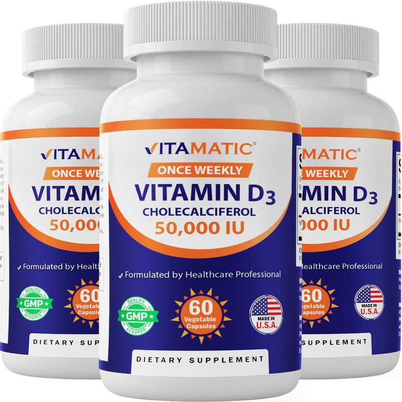 Vitamatic 3 Pack Vitamin D3 50,000 IU (as Cholecalciferol), Once Weekly Dose, 1250 mcg, 60 Veggie Capsules 1 Year Supply, Progressive Formula Helping Vitamin D Deficiencies | Supports Bone, Teeth & Immune Health*, Non GMO, Gluten Free, Made in USA