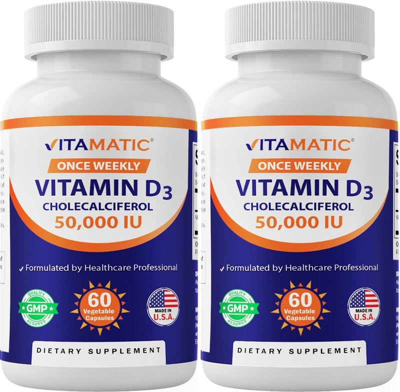 Vitamatic 2 Pack Vitamin D3 50,000 IU (as Cholecalciferol), Once Weekly Dose, 1250 mcg, 60 Veggie Capsules 1 Year Supply, Progressive Formula Helping Vitamin D Deficiencies (Total 120 Veg Capsules) | Supports Bone, Teeth & Immune Health*, Non GMO, Glut...