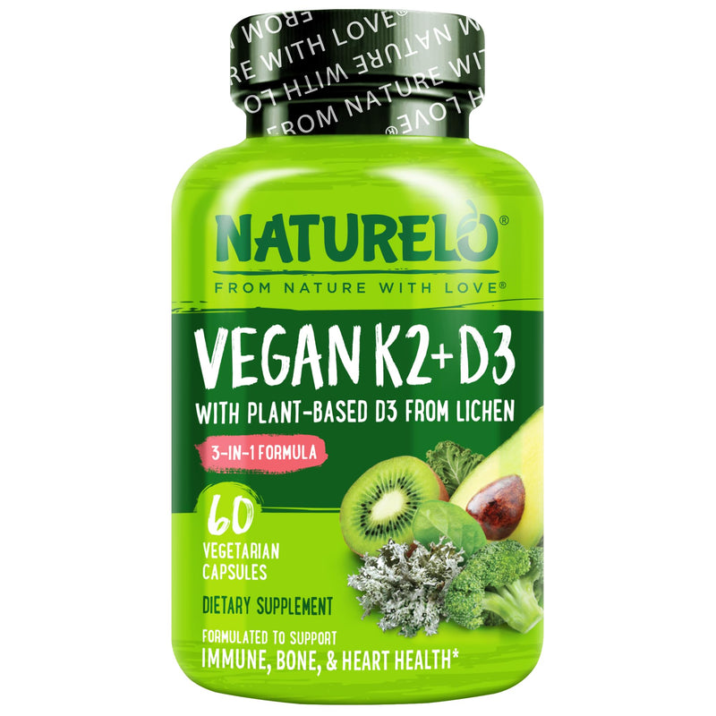 NATURELO Vitamin D3 K2, Vegan K2+D3 Supplement, 60 Capsules | Vitamin D with K, plant based D3 from lichen, whole food, non-GMO, gluten free, Vitamin D Plus K Supplement, K2 D2 Unflavored 60 Count (Pack of 1)