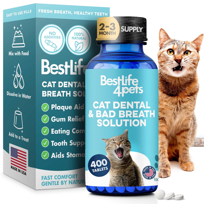 Cat Dental Care Supplement for Bad Breath, Tartar & Gum Support - Natural Cat Teeth Cleaning Oral Tablets Provide Eating & Gum Comfort, Teeth Wellness and Plaque Control, Tiny Dissolvable 400 Pills 1-Pack