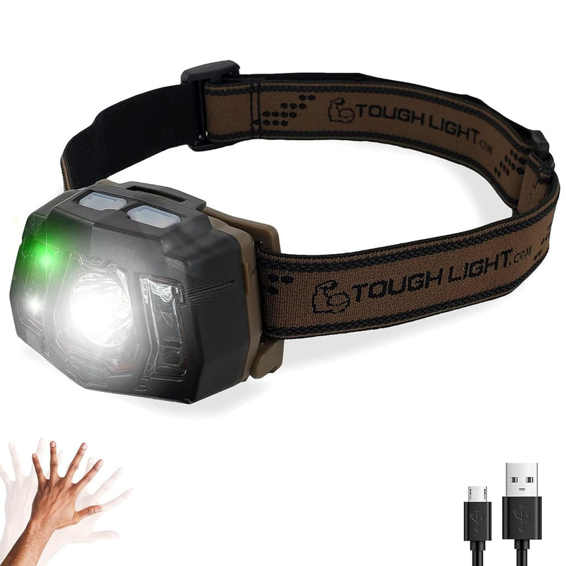 USB Rechargeable LED Headlamp Flashlight, Waterproof Headlight for Camping, Running, Hiking, Fishing, 7 Modes, Night Vision, Motion Sensor & White Spotlight Brown