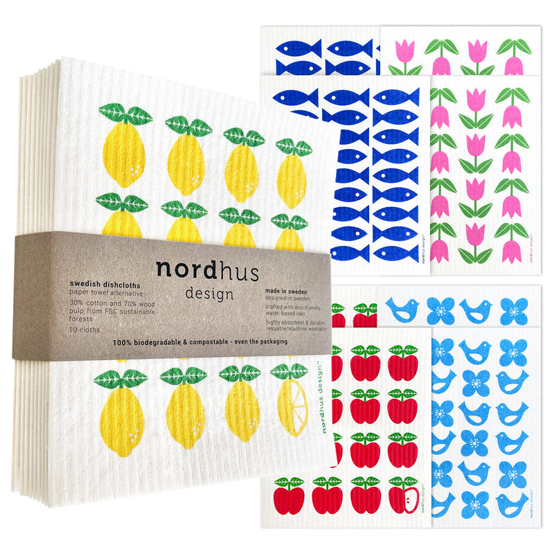 Nordhus Design Swedish Dishcloths for Kitchen 10 Pack Reusable and Replace Paper Towels, Sponges and Dish Rags - Eco Friendly, Biodegradable, Absorbent and Quick Drying Cellulose Cloths Scandinavian Retro - BeesActive Australia