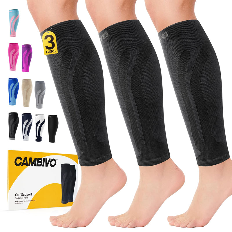 CAMBIVO 3-Pair Calf Compression Sleeves for Men & Women – Footless Socks for Shin Splints & Leg Pain Relief, 1 Pair Available Large-X-Large Black