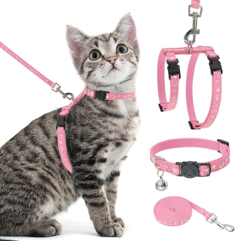 PAWCHIE Cat Harness with Leash and Collar Set - Escape Proof Adjustable H-shped Cat Harness with Star and Moon Pattern Glow in The Dark for Kitty Outdoor Walking Pink - BeesActive Australia