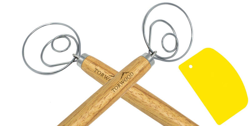 2 Pack Danish Dough Whisk Large 13.5 inches Torwood Stainless Steel Wooden Dutch Style Hook for Baking, Loaves, Pastries and Pizza, comes with a Dough Scraper 2 - BeesActive Australia