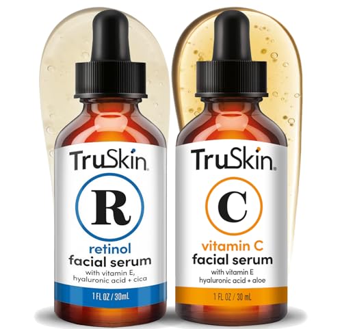 TruSkin Face Serum Duo - Vitamin C Serum & Retinol Serum for Face - AM & PM Anti Aging Skincare Routine - Brightening & Smoothing Facial Serums, 1 fl oz Each