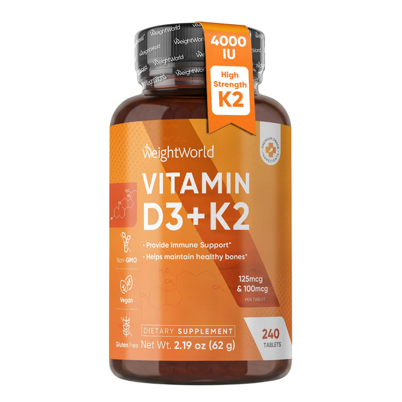 WeightWorld Vitamin D3 K2 4000 IU for Bone, Immune, Vascular Health & Max Calcium Absorption | 8-Month Supply | Lichen-Sourced Vegan D3 and K2 Supplements | K2 D3 Vitamin Supplements, Non-GMO Vitamin D3K2 4000IU Tablets