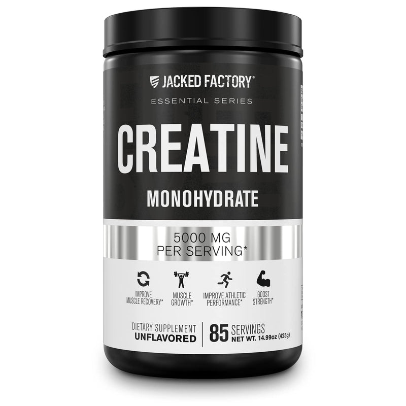 Jacked Factory Creatine Monohydrate Powder 425g - Creatine Supplement for Muscle Growth, Increased Strength, Enhanced Energy Output and Improved Athletic Performance 85 Servings, Unflavored Powder - 85 Servings - BeesActive Australia
