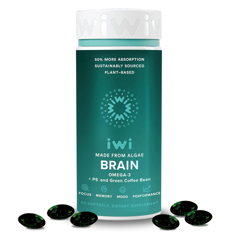 Iwi Life Brain Omega-3, 60 Softgels (30 Servings), Vegan Plant-Based Algae Omega-3 with EPA + DHA, Focus, Memory and Mood Support Dietary Supplement, Krill & Fish Oil Alternative, No Fishy Aftertaste 30 Servings