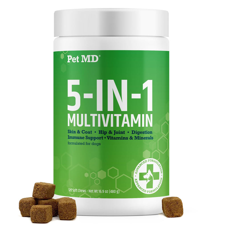 Pet MD 5in1 Dog Multivitamin - 30 Essential Vitamins, Minerals & Nutrients for Skin & Coat, Hip & Joint, Digestion, Immune & Senior Dog Vitamins - Glucosamine, Omega 3 6 9, & Probiotics - 120 ct - PawsPlanet Australia