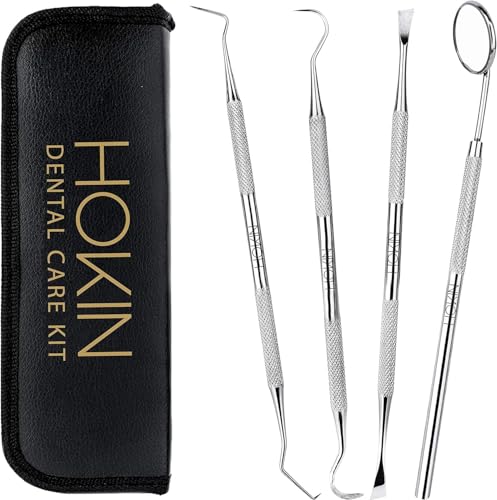 Dental Tools HOKIN Plaque Remover Teeth Cleaning Tool 4 Pcs Dental Care Kit Tooth Filling Repair Set Stainless Steel Dental Tools for Men Women Kids and Pet Care Jet Black