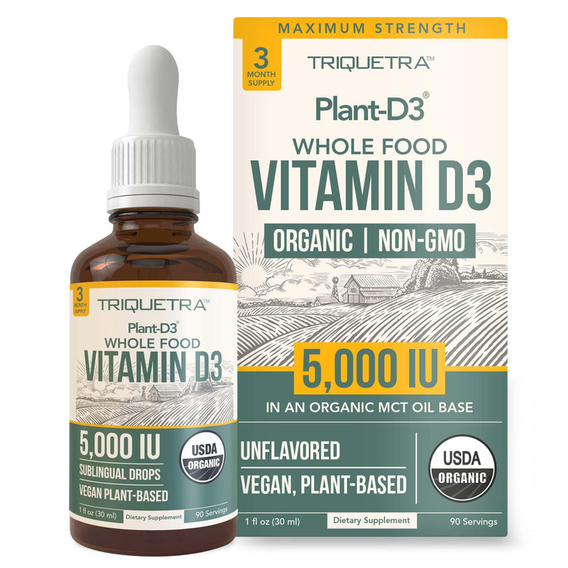 Plant-D3 Organic Vitamin D3 5000 IU - Vegan, Max Strength Sublingual Liquid D3 Drops - 200% Higher Absorption - 100% Plant-Based Cholecalciferol Form - Adjustable Dosing for All Ages (1oz Liquid) 1 Fl Oz (Pack of 1)