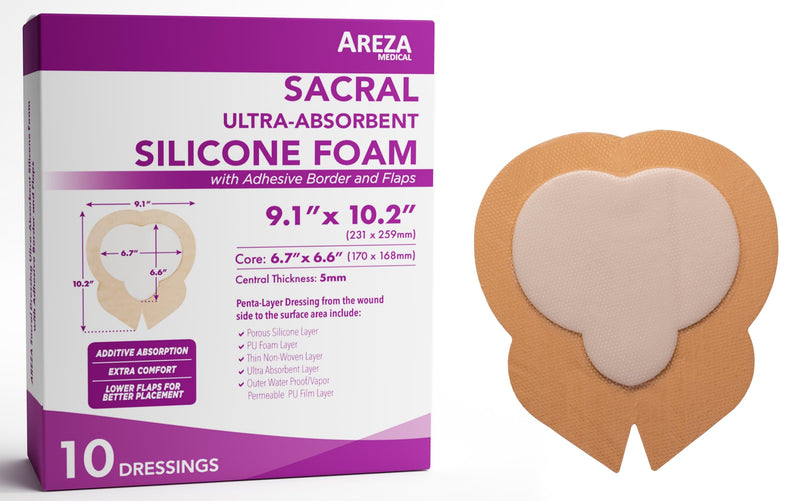 Areza Medical - Silicone Foam with Super-Absorbent Layer - Wound Dressing - Waterproof - with Adhesive Border - Sterile - Designed for Sacral Wounds - 9.1" x 10.2" - 10 PCS per Box 9.1" x 10.2", 10 PCS