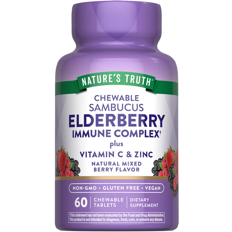 Nature's Truth Elderberry Immune Complex | 60 Chewable Tablets | Plus Vitamin C & Zinc | Mixed Berry | Vegan, Non-GMO & Gluten Free Supplement
