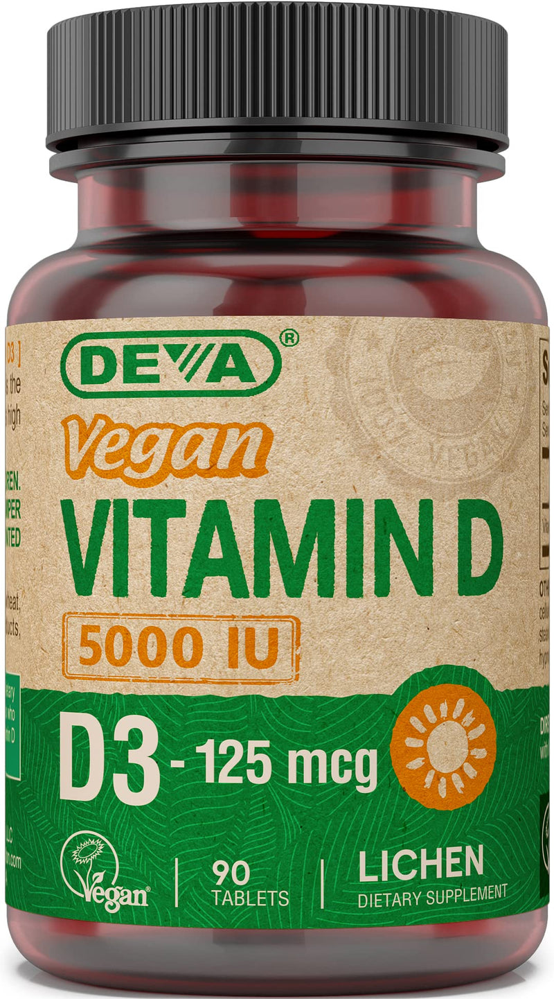 DEVA Vitamin D3 5000 IU, Sunshine Supplement, 125 mcg of Vegan D3, 90-Count Bottle 90 Count (Pack of 1)