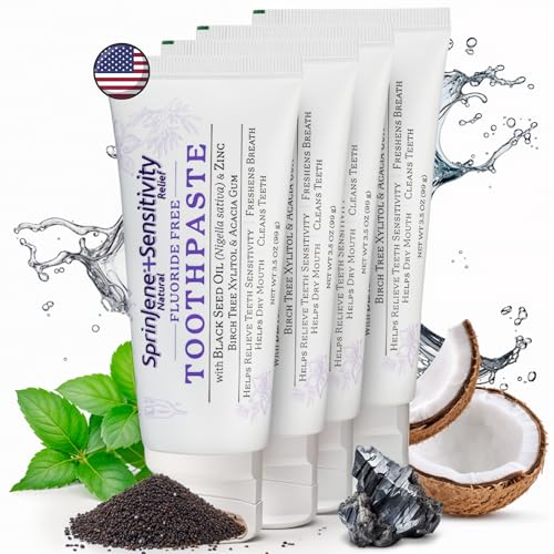 SprinJene Fluoride Free Toothpaste - Patented Natural Toothpaste with Black Seed Oil & Zinc - Made in the USA - Vegan Non Fluoride for Fresh Breath Preservative Free (4 Pack) Pack of 4 Sensitivity - Fluoride Free