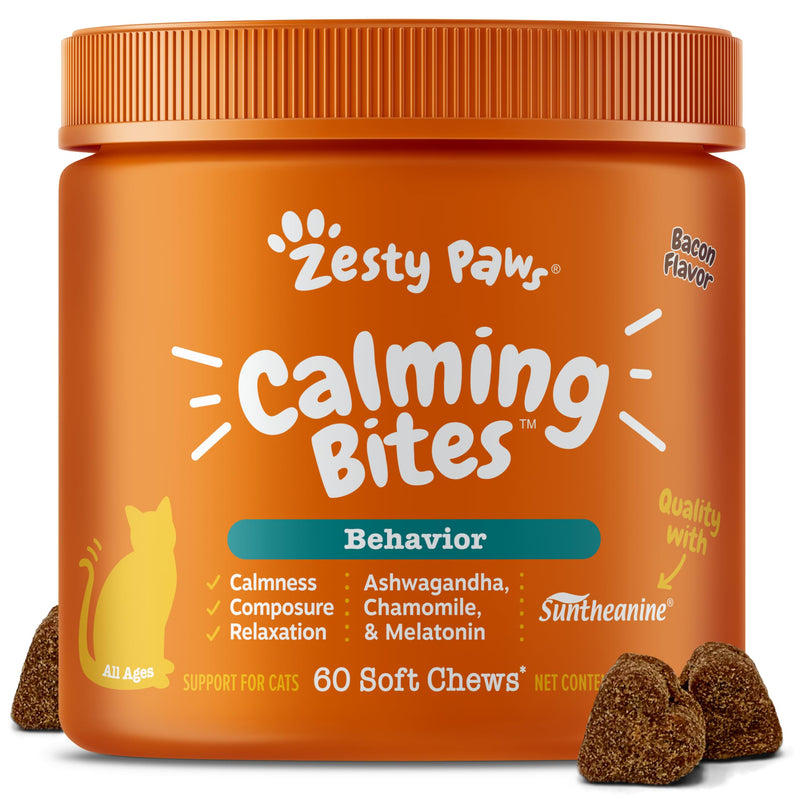 Zesty Paws Calming Chews for Cats - Composure & Relaxation for Everyday Stress & Separation - with Ashwagandha, Organic Chamomile, L-Theanine & L-Tryptophan – Bacon - 60 Count - Cat Cat - Bacon 60 Count (Pack of 1)