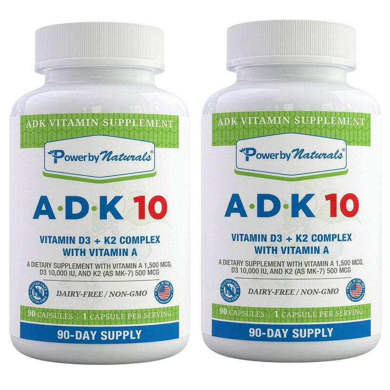 Power By Naturals ADK Vitamin Supplement – Vitamins A, D3 250 mcg & K2 MK-7 for Bone & Immune Health – Gluten-Free, Soy-Free – 180 Capsules, 2-Pack (6-Month Supply) 90 Count (Pack of 2)