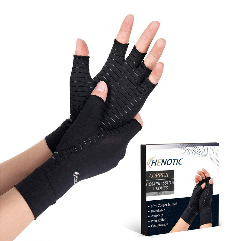 HENOTIC Copper Arthritis Gloves for Women Men, Fingerless Breathable & Moisture Wicking Arthritis Compression Gloves for Relieving Carpal Tunnel Aches, Rheumatoid Pains, Joint Swell Medium: 2 3/5''-3 1/8'' One Pair - BeesActive Australia
