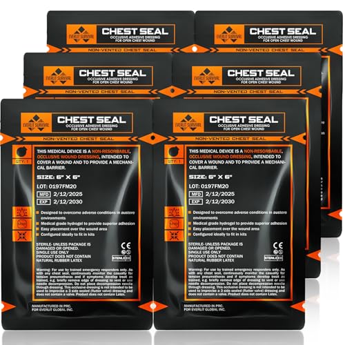 EVERLIT Occlusive Chest Seal Non-Vented Adhesive Dressing for Open Chest Injury and Sucking Chest Wound (6 Count) 1 Count (Pack of 6)