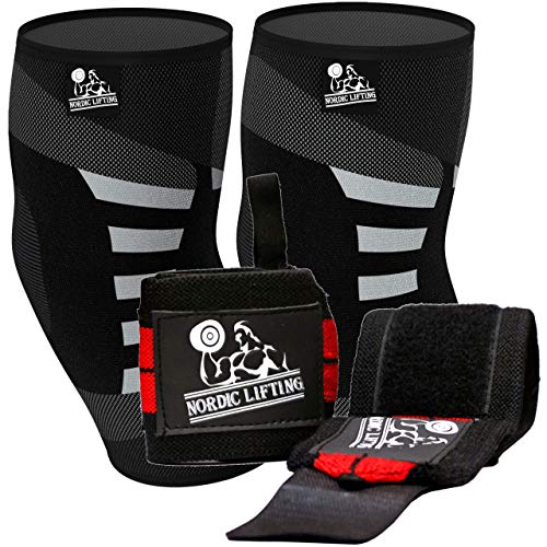 Nordic Lifting Elbow Compression Sleeves (1 Pair) Medium and Wrist Wraps (1 Pair/2 Wraps) 14" Red