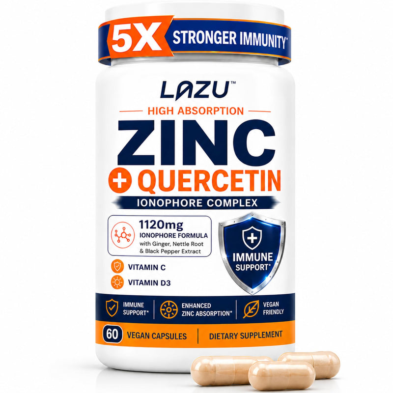 Lazu Zinc Supplements 5X Stronger Immunity, Quercetin, VIT C & D3, 60 Count | Advanced zinc supplement with quercetin, vitamin C and vitamin D3 to support daily immune health and wellness.