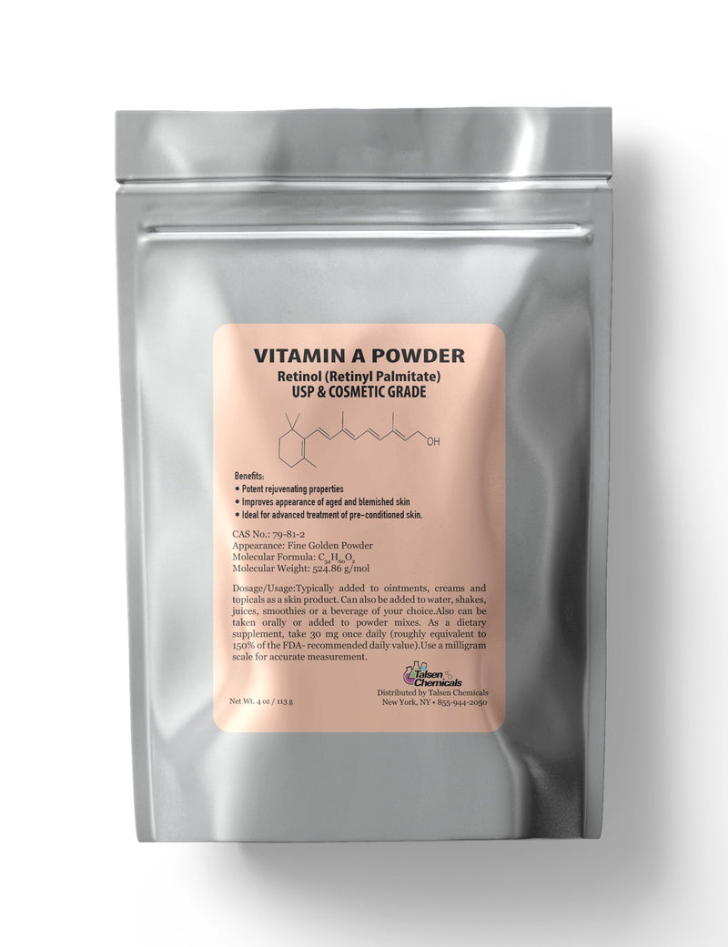 Vitamin A Powder Retinyl Palmitate, Pure Retinol Powdered Vitamin Water Soluble Vitamin A USP & Cosmetic Grade (4 oz. / 113 Grams) 4 Ounce (Pack of 1) - BeesActive Australia