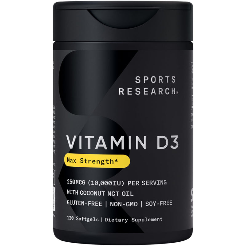 Sports Research® Vitamin D3 10,000iu/250mcg with Coconut Oil, 120 Softgels | Max Strength Vitamin D Supplement | Immune, Bone, Mood Support | Non-GMO, Soy Free - 120 Servings 120 Count (Pack of 1) D3 (10,000 IU)