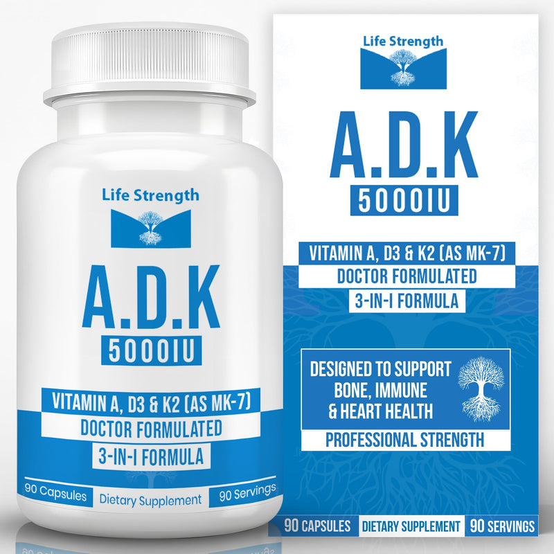 ADK 5 - ADK Vitamin Supplement - High Potency Vitamin A, D3 5,000 IU & K2 (MK-7) for Healthy Bone, Heart & Immune Support - Non-GMO, Gluten Free 90 Capsules (3-Month Supply) Pack of 1