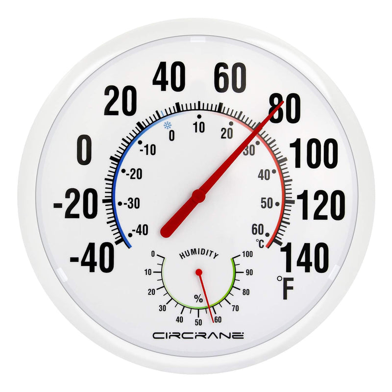 Circrane 13.25 Inch Round Thermometer with Hygrometer, Large Indoor Wall Patio Bimetal Weather Thermometer, No Battery Required, White - BeesActive Australia