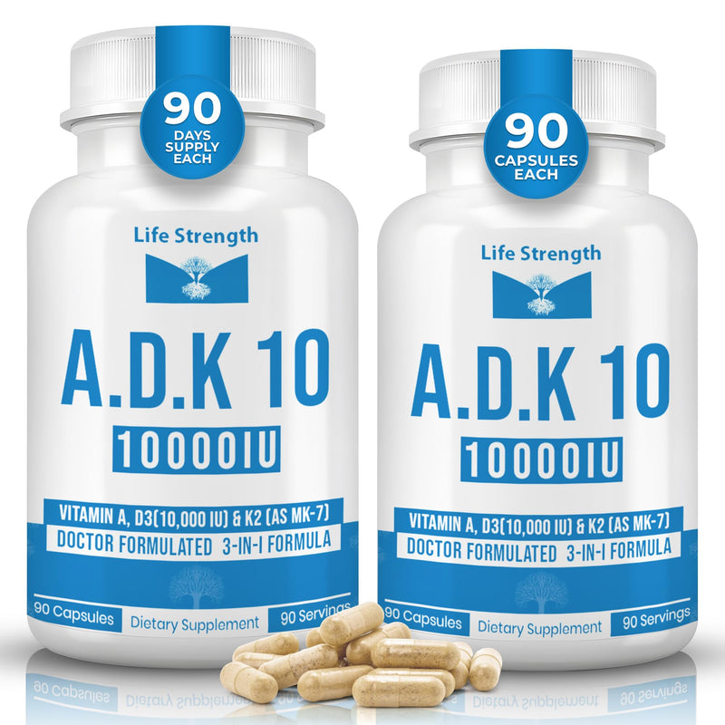 ADK 10 Supplement (180 Count) - Physician Formulated Vitamins A1, D3 & K2 (as MK7) for Bone Health - Immune System Support - Gluten Free, Soy Free, Non-GMO - 90 Capsules 2 PK 180CT