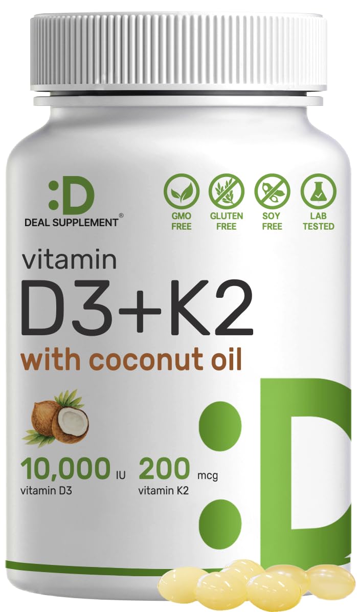 Sunshine Vitamin D - Vitamin D3 10000 IU with K2 MK7 200mcg, Infused with Virgin Coconut Oil, Support Healthy Bones, Teeth and Immune System - Easy to Swallow D3 10000 IU + K2 MK7 200 mcg 250 Count (Pack of 1) - BeesActive Australia